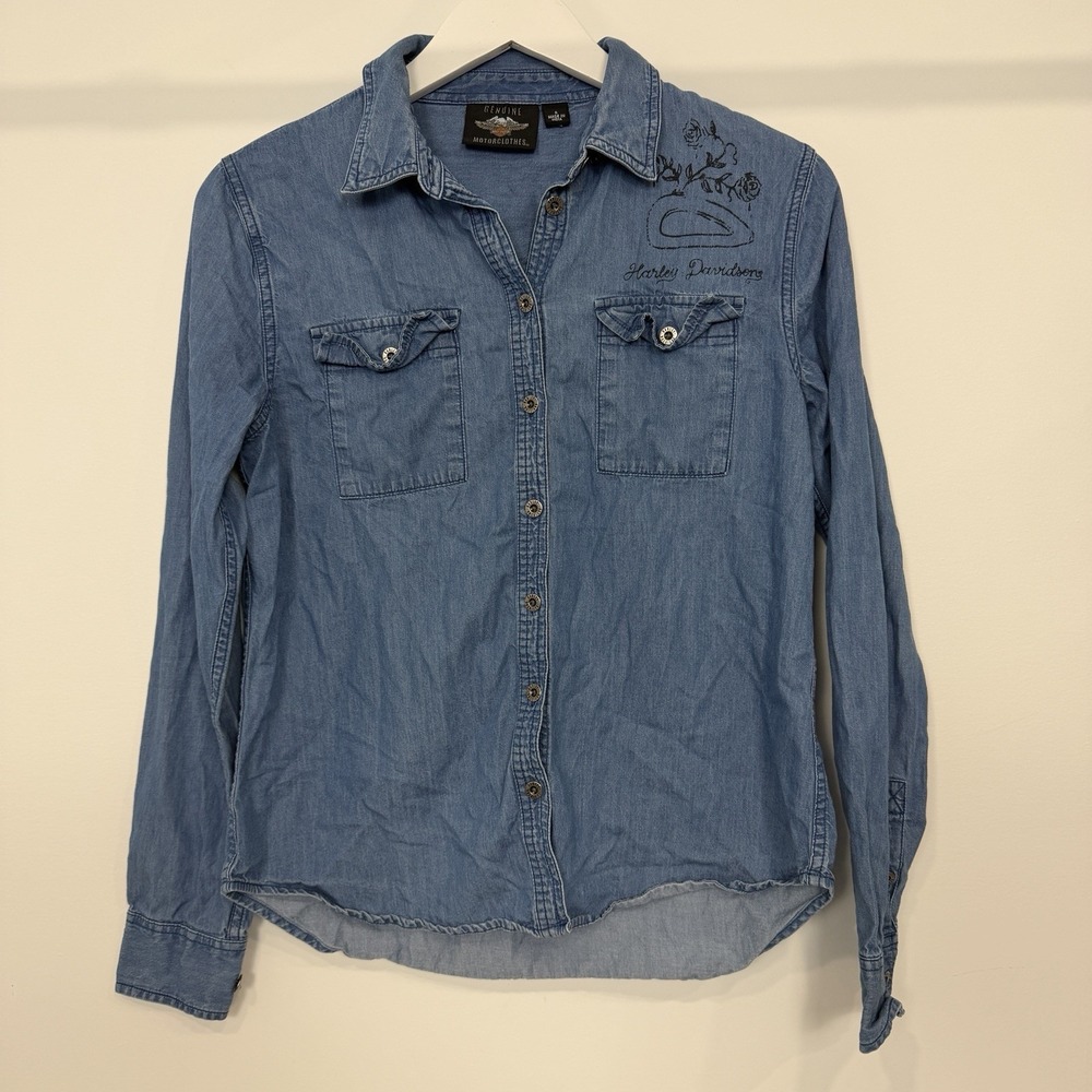 Vintage Y2K Harley-Davidson Light Wash Denim Shirt Button Down Rose Floral Small